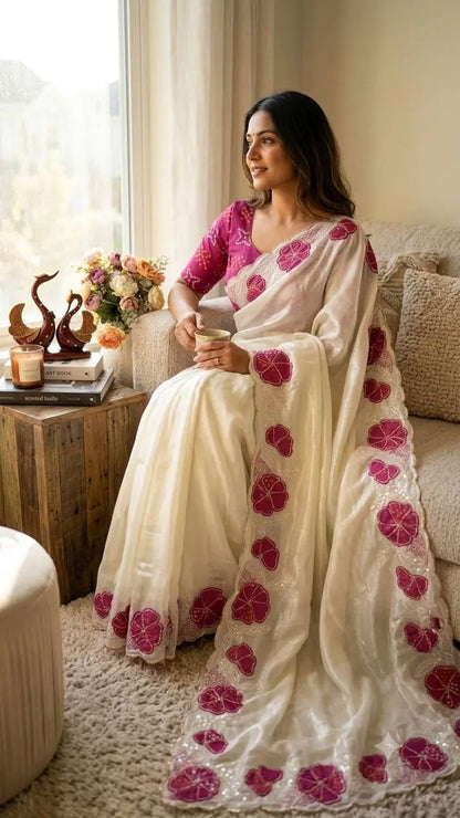 Floral Applique Sequin Saree