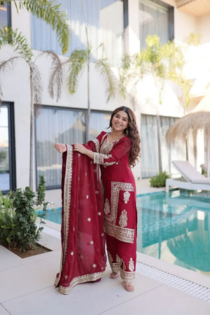 Embroidered Fendi Silk Kurta Pant Set with Dupatta