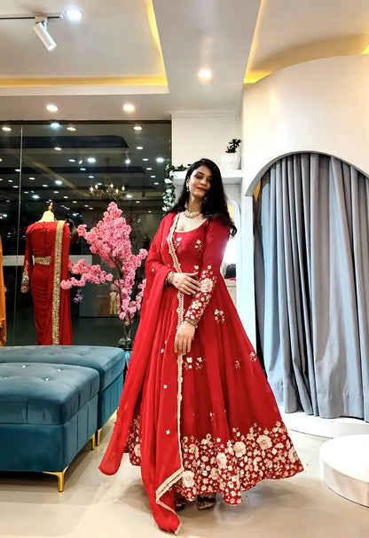 Red Floral Sequin Anarkali Gown
