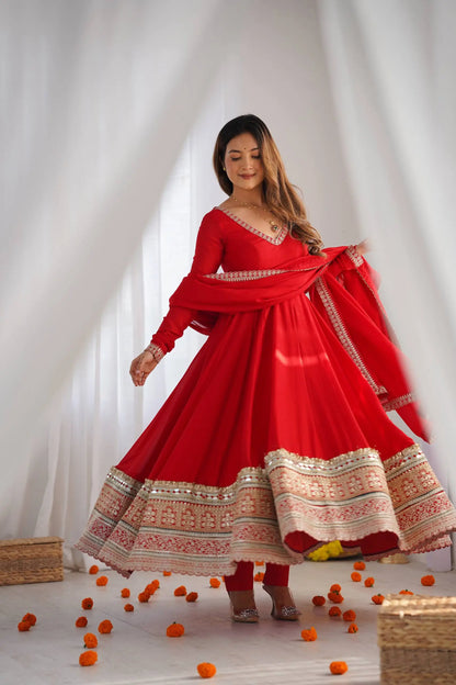 Red Vichitra Silk Anarkali Gown