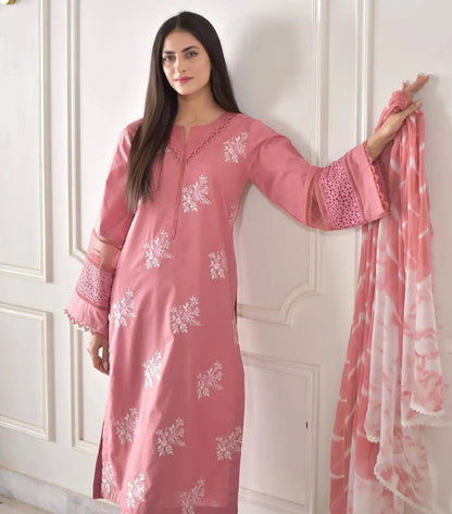 Embroidered Roman Silk Kurti Pant Set with Printed Silver Chiffon Dupatta
