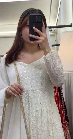 Off-White Sequined Blooming Anarkali Gown Set with Dupatta