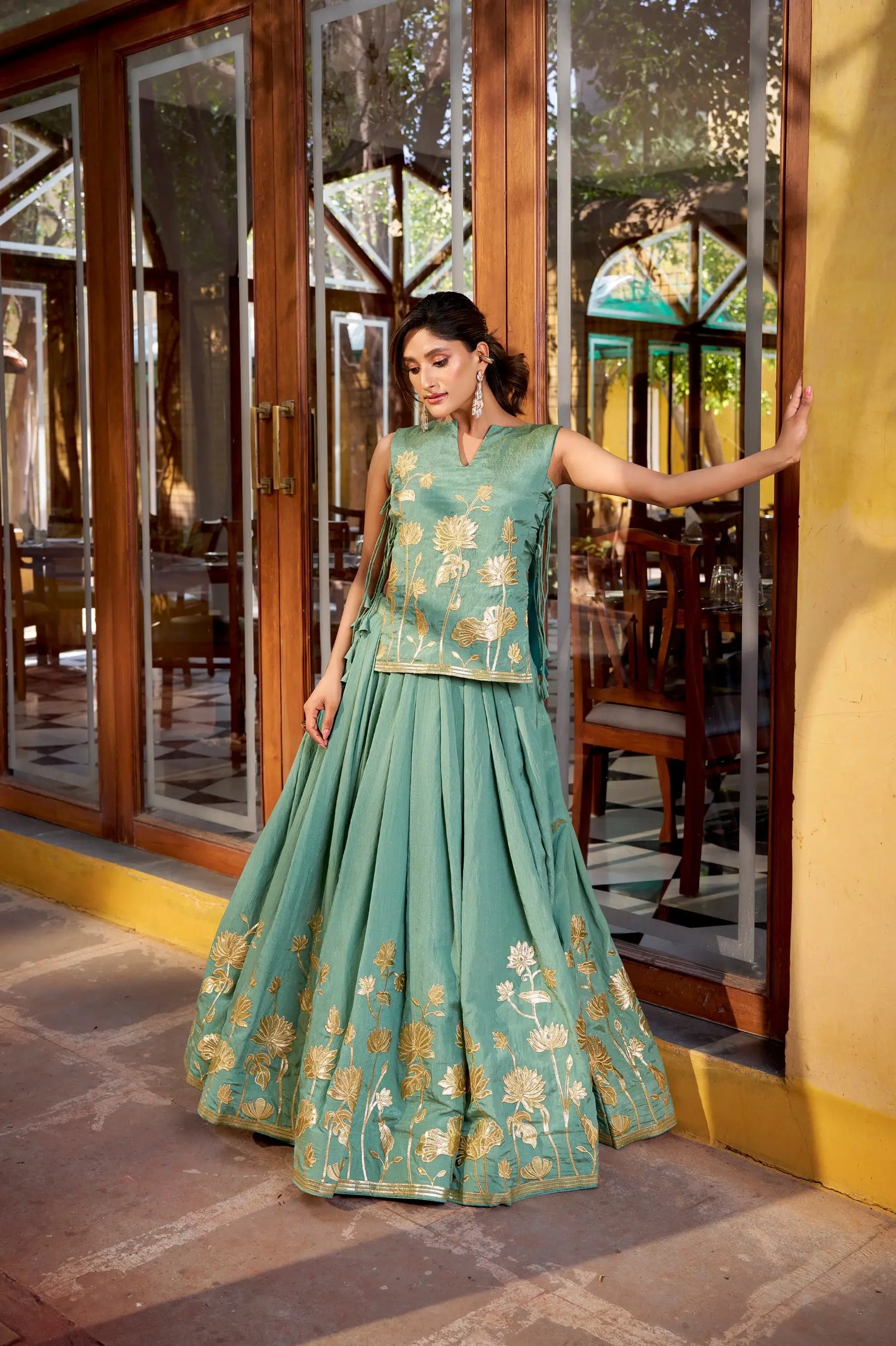 Pure Shimmer Embroidered Lehenga Set with Overlay Top – Wedding & Festive Wear