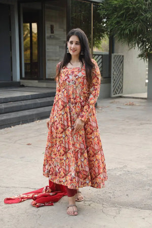 Multi-Color Muslin Embroidered Anarkali Suit with Dupatta