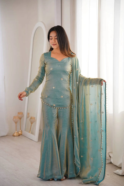 Embroidered Fendi Silk Sharara Set with Dupatta