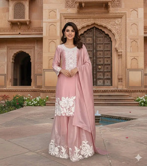 Embroidered Organza Silk Kurti Sharara Set