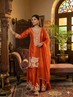 Embroidered Organza Silk Kurti Sharara Set
