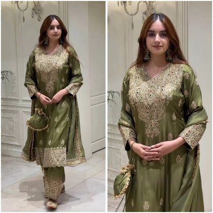 Olive Kundan Embroidered Suit Set