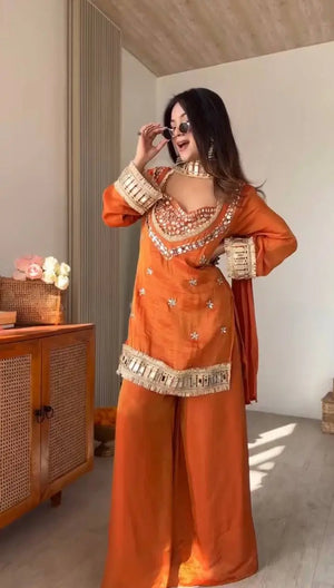 Mirror Work Fendy Silk Sharara Set with Dupatta