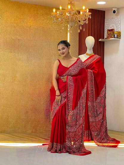 Red Ajrakh Mirrorwork Saree