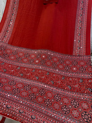 Red Ajrakh Mirrorwork Saree