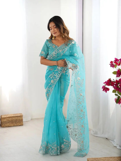 Embroidered Organza Silk Designer Saree with Blouse