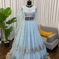 Embroidered Faux Georgette blue Gown Lehenga Dupatta Set