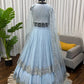 Embroidered Faux Georgette blue Gown Lehenga Dupatta Set