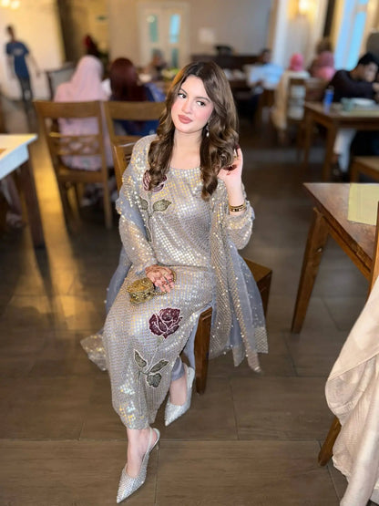 Dove Grey Faux Georgette Pearl Moti Embroidered Kurti Pant Set for Wedding & Festive Wear