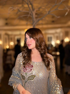 Dove Grey Faux Georgette Pearl Moti Embroidered Kurti Pant Set for Wedding & Festive Wear