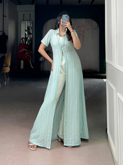 Mint Green Orchid Fabric Co-Ord Set with Striped Overlay Shrug