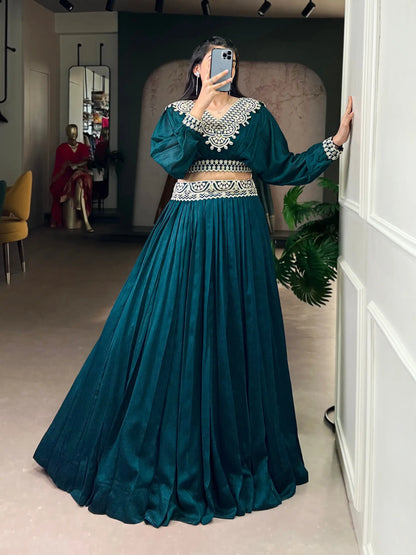 Emerald Green Vichitra Silk Thread Embroidered Lehenga Set