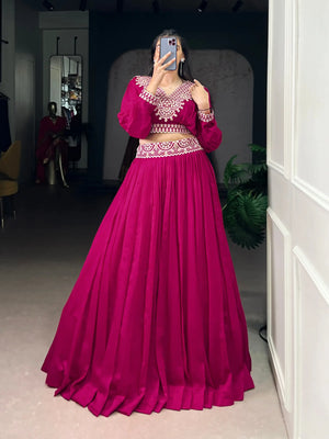 Emerald Green Vichitra Silk Thread Embroidered Lehenga Set