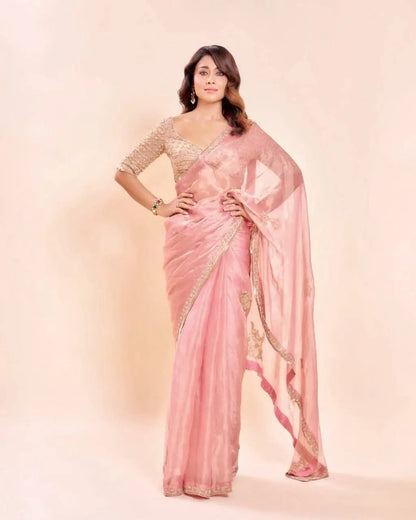 Blush Pearl Bead Work Silk Saree