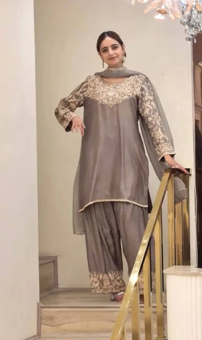 Grey Moti Embroidered Farshi Set