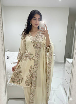 Ivory Cream Fendy Sequins Embroidered Kurti Palazzo Set for Wedding & Festive Wear