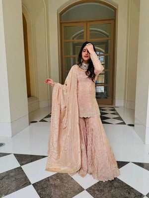 Champagne Peach Silk Sequins Embroidered Sharara Suit for Wedding & Festive Wear
