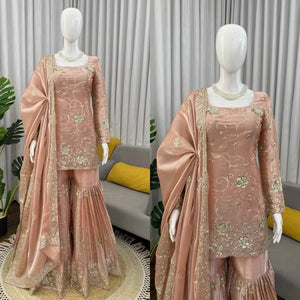 Champagne Peach Silk Sequins Embroidered Sharara Suit for Wedding & Festive Wear