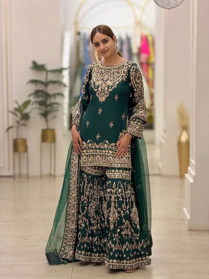 Bottle Green Zari Meena Sharara Set