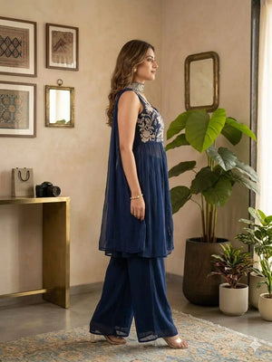 Navy Rangoli Crush Embroidered Peplum Palazzo Set