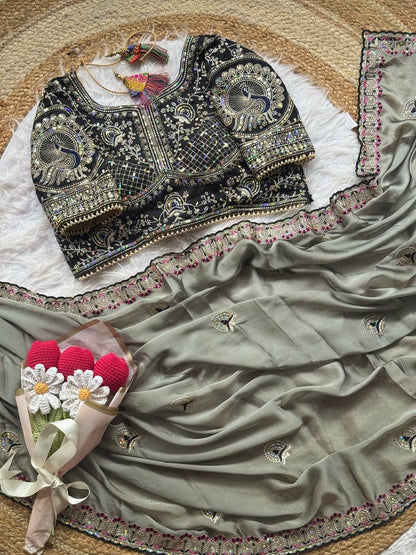 Peacock Embroidered Silk Saree