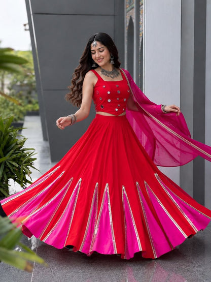 Red Cotton Kali Lehenga with Mirror Work