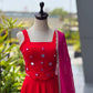 Red Cotton Kali Lehenga with Mirror Work