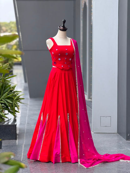 Red Cotton Kali Lehenga with Mirror Work