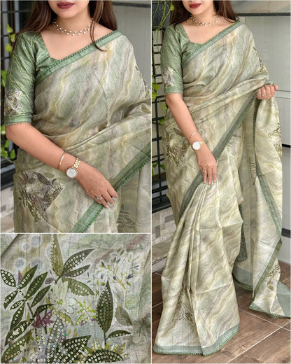 Tussar Linen Leaf Print Saree