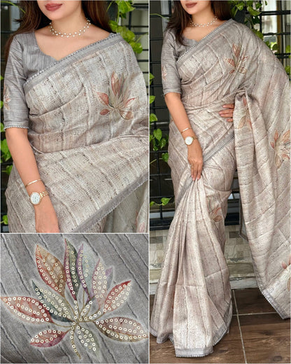 Tussar Linen Leaf Print Saree