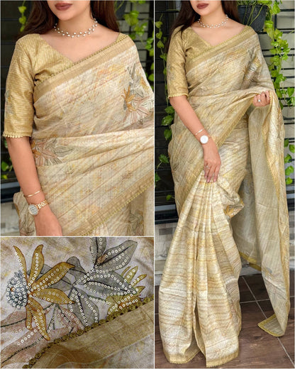 Tussar Linen Leaf Print Saree
