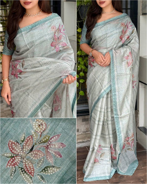 Tussar Linen Leaf Print Saree