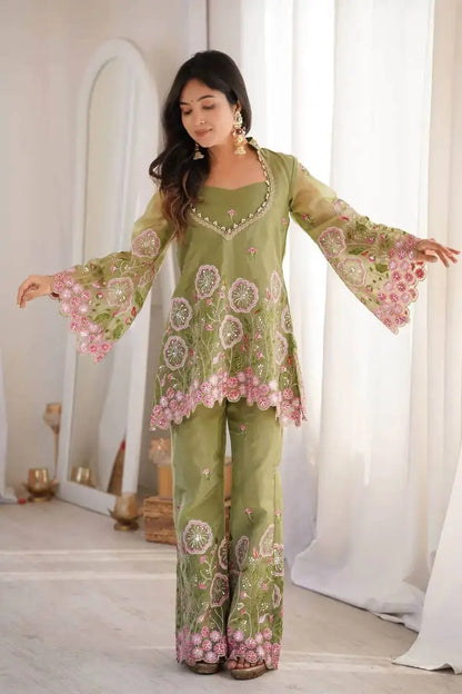 Sage Floral Sequin Kurta Set
