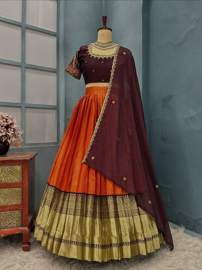 Kanjivaram Maggam Work South Style Half Lehenga Half Saree