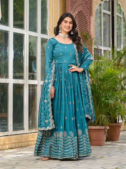 Embroidered Vichitra Silk Flair Gown Set