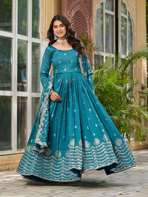 Embroidered Vichitra Silk Flair Gown Set