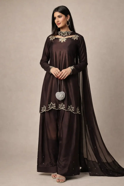 Embroidered Natural Crepe Kurta Farshi Salwar Set with Dupatta for Festive Wear