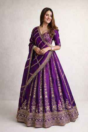Embroidered Vichitra Silk Lehenga Choli Set with Dupatta