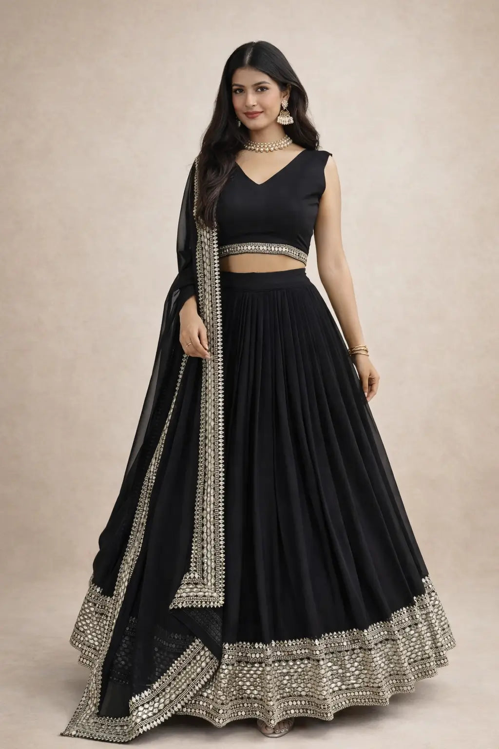 Sequin Embroidered Georgette Lehenga Choli Set with Dupatta