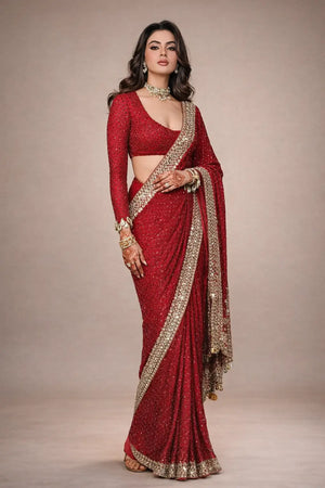 Designer Red Ready-to-Wear Mirror Work Saree with Unstitched Blouse