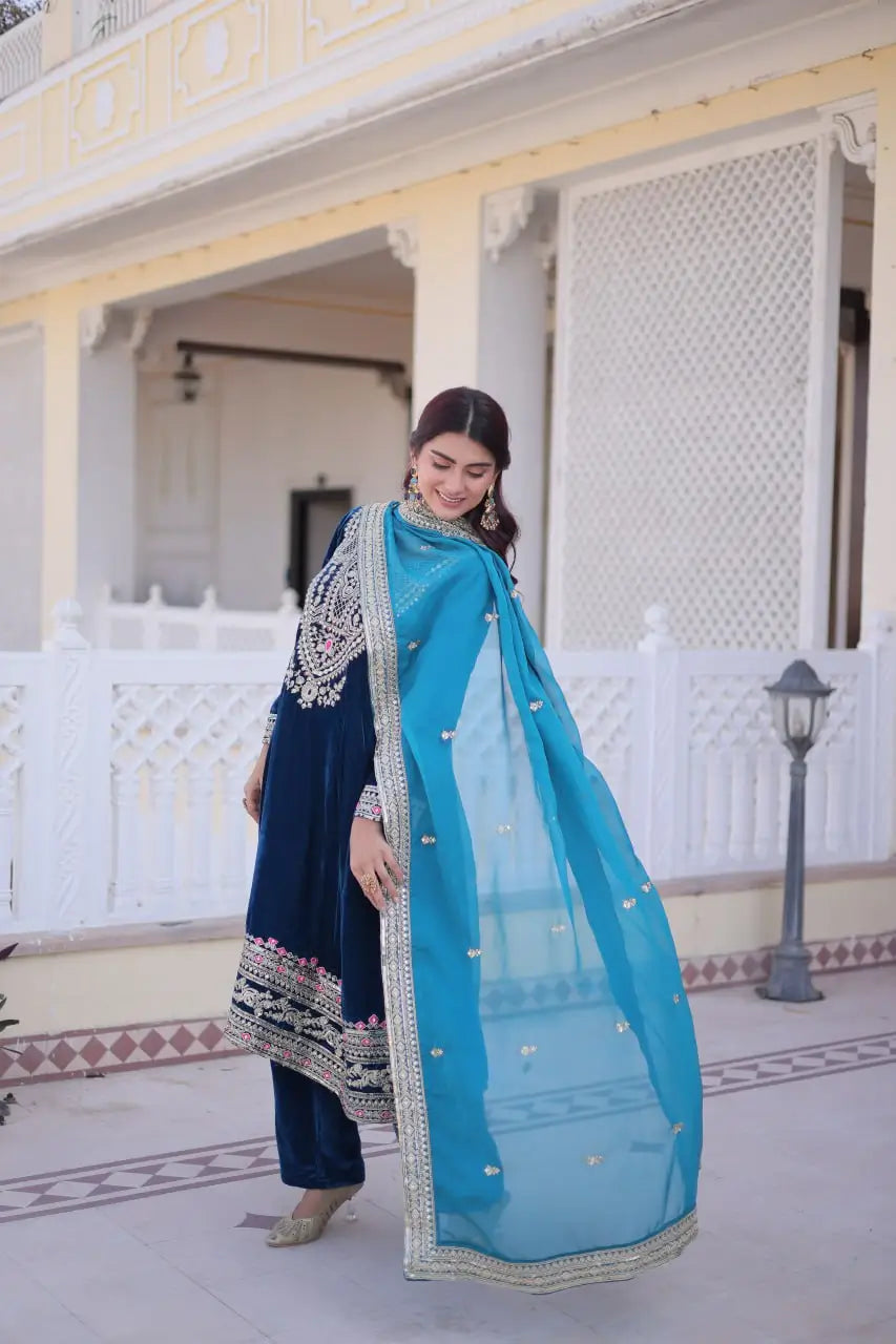 9000 Velvet Zari Coding Embroidered Top Pant Set with Dupatta (Rama & Wine)