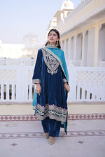 9000 Velvet Zari Coding Embroidered Top Pant Set with Dupatta (Rama & Wine)