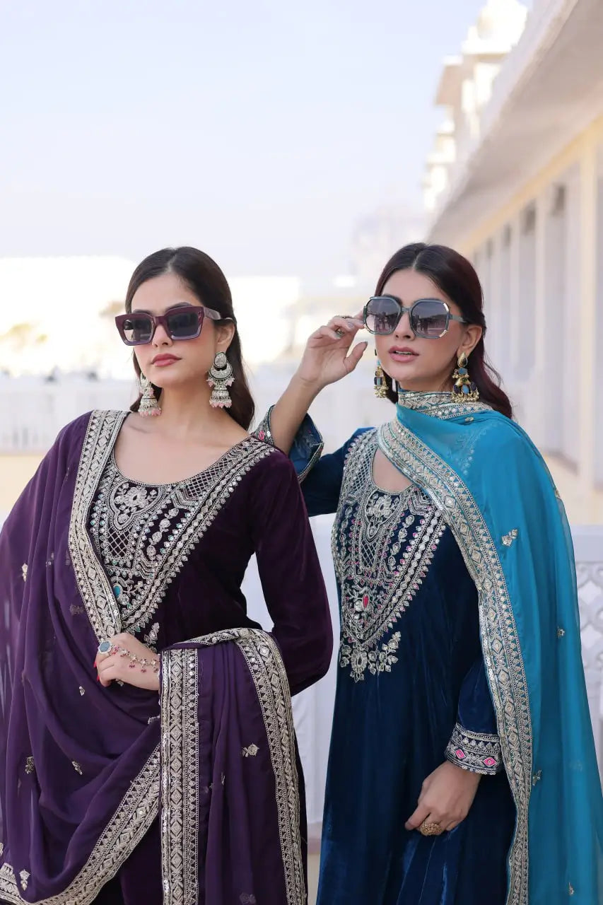 9000 Velvet Zari Coding Embroidered Top Pant Set with Dupatta (Rama & Wine)