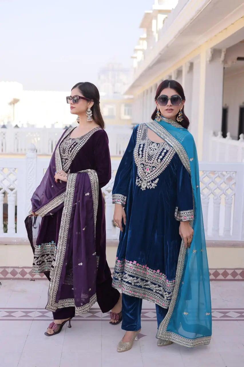 9000 Velvet Zari Coding Embroidered Top Pant Set with Dupatta (Rama & Wine)